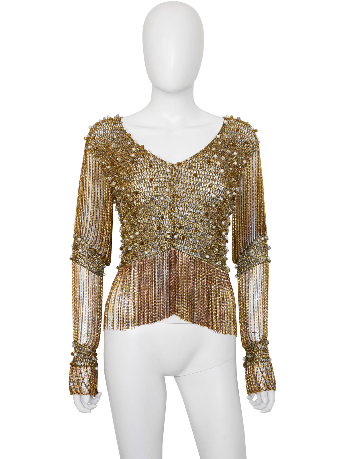 LORIS AZZARO 1970s Vintage Beaded Chainmail Crochet Top