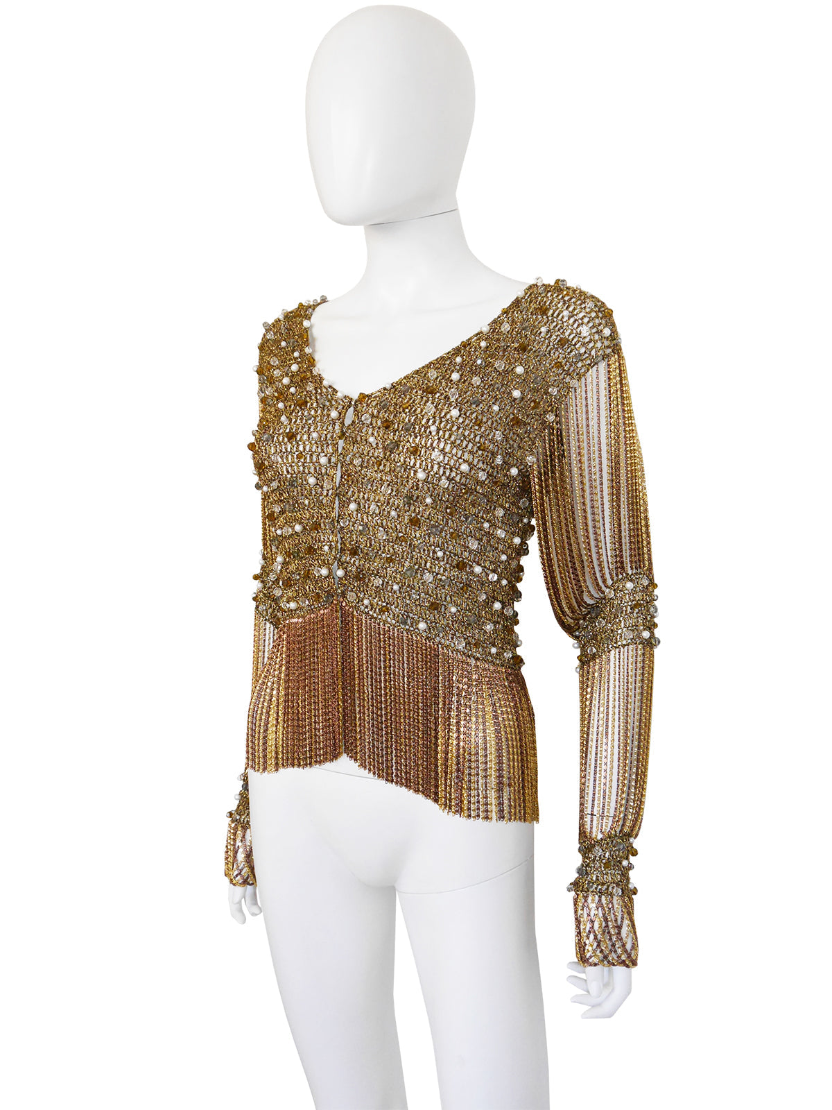 LORIS AZZARO 1970s Vintage Beaded Chainmail Crochet Top