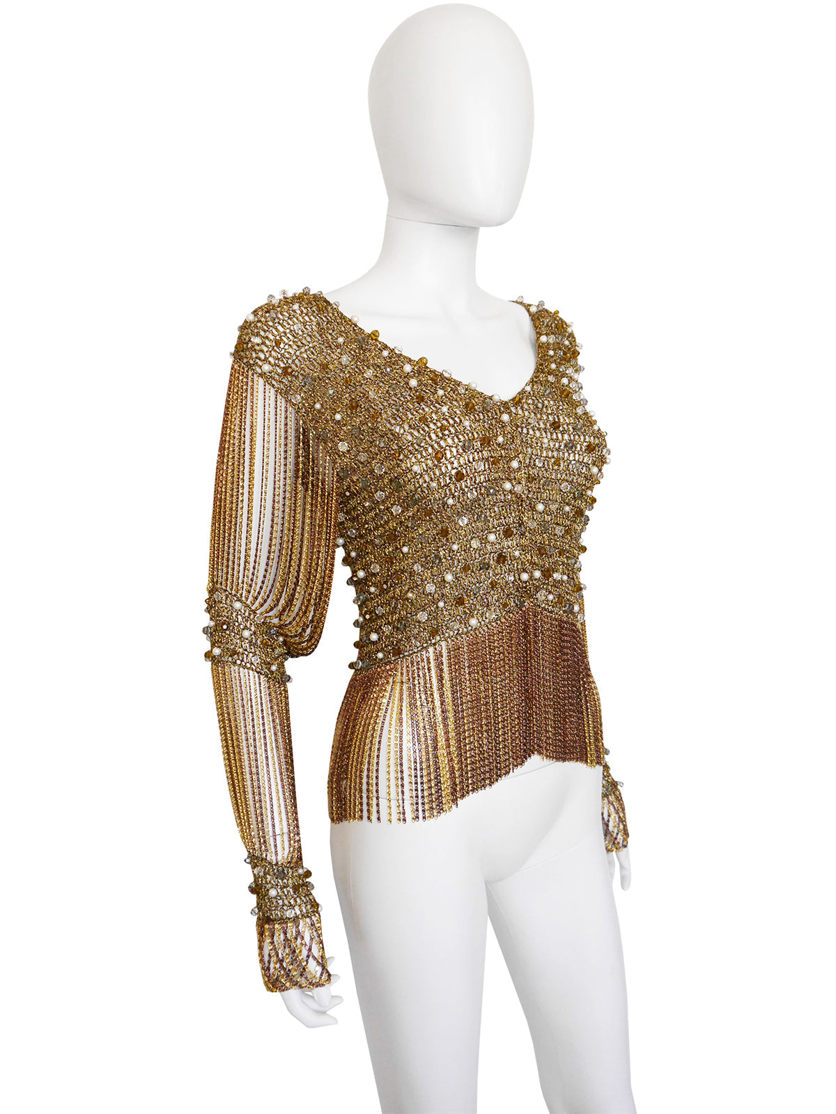 LORIS AZZARO 1970s Vintage Beaded Chainmail Crochet Top