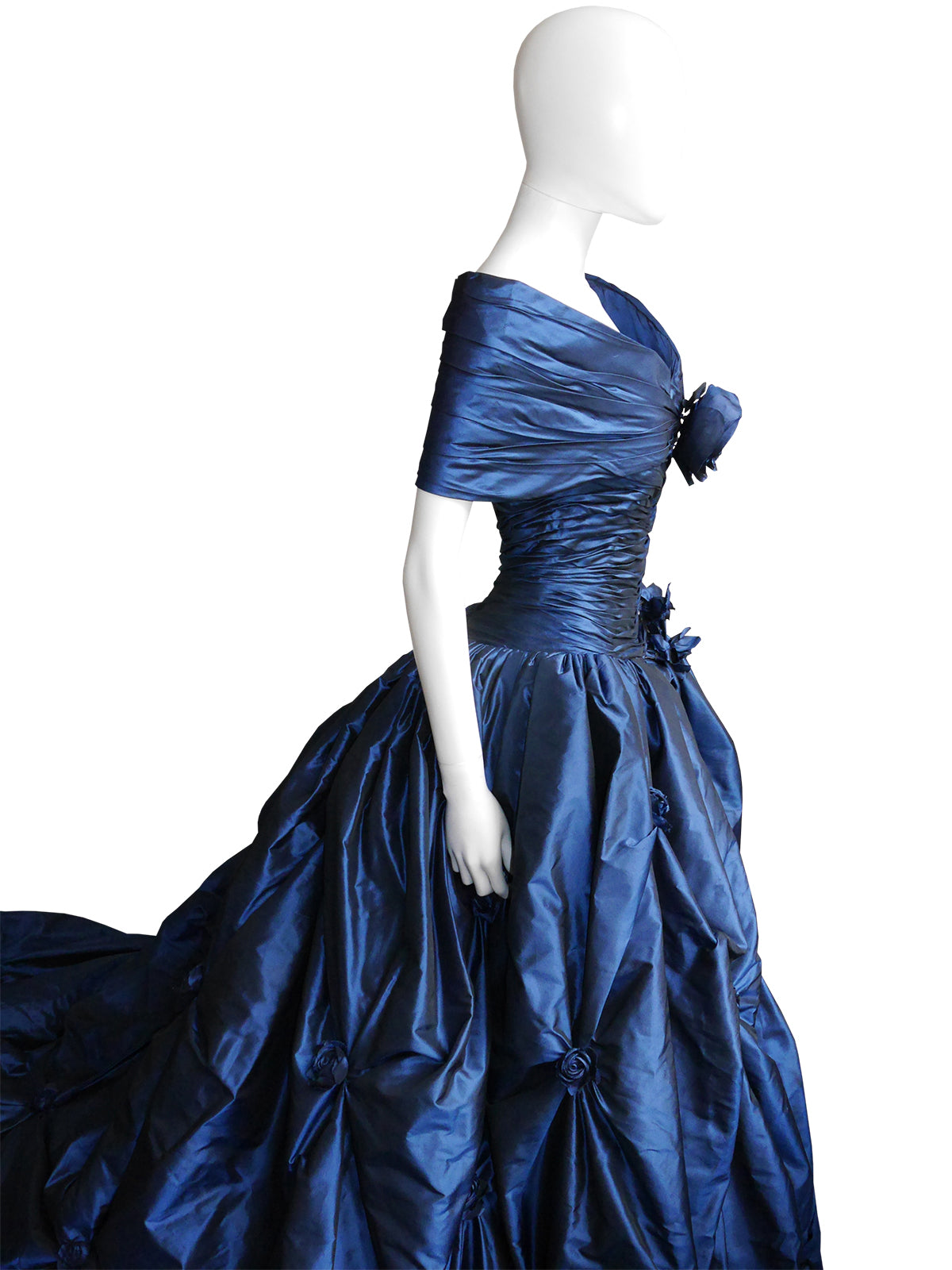 LORIS AZZARO c. 1990s Blue Silk Taffeta Ball Gown w/ Train & Stole