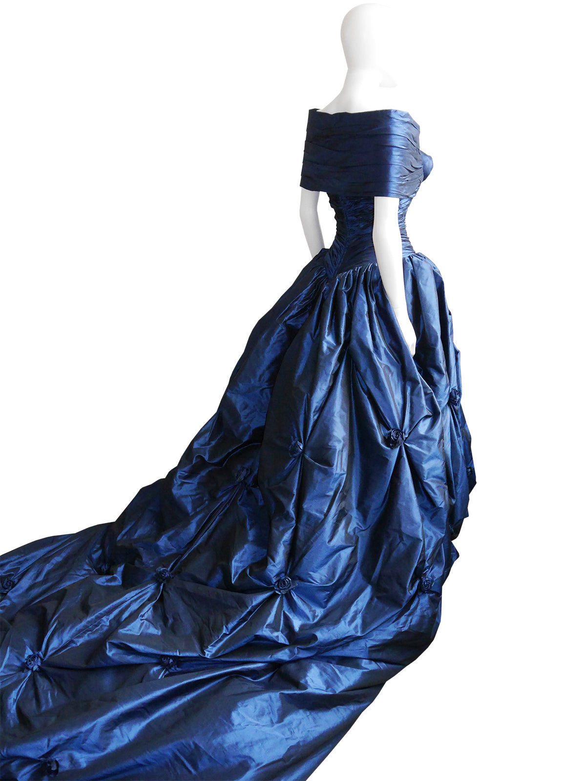 LORIS AZZARO c. 1990s Blue Silk Taffeta Ball Gown w/ Train & Stole