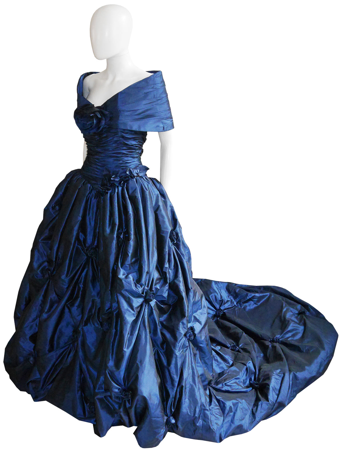 LORIS AZZARO c. 1990s Blue Silk Taffeta Ball Gown w/ Train & Stole