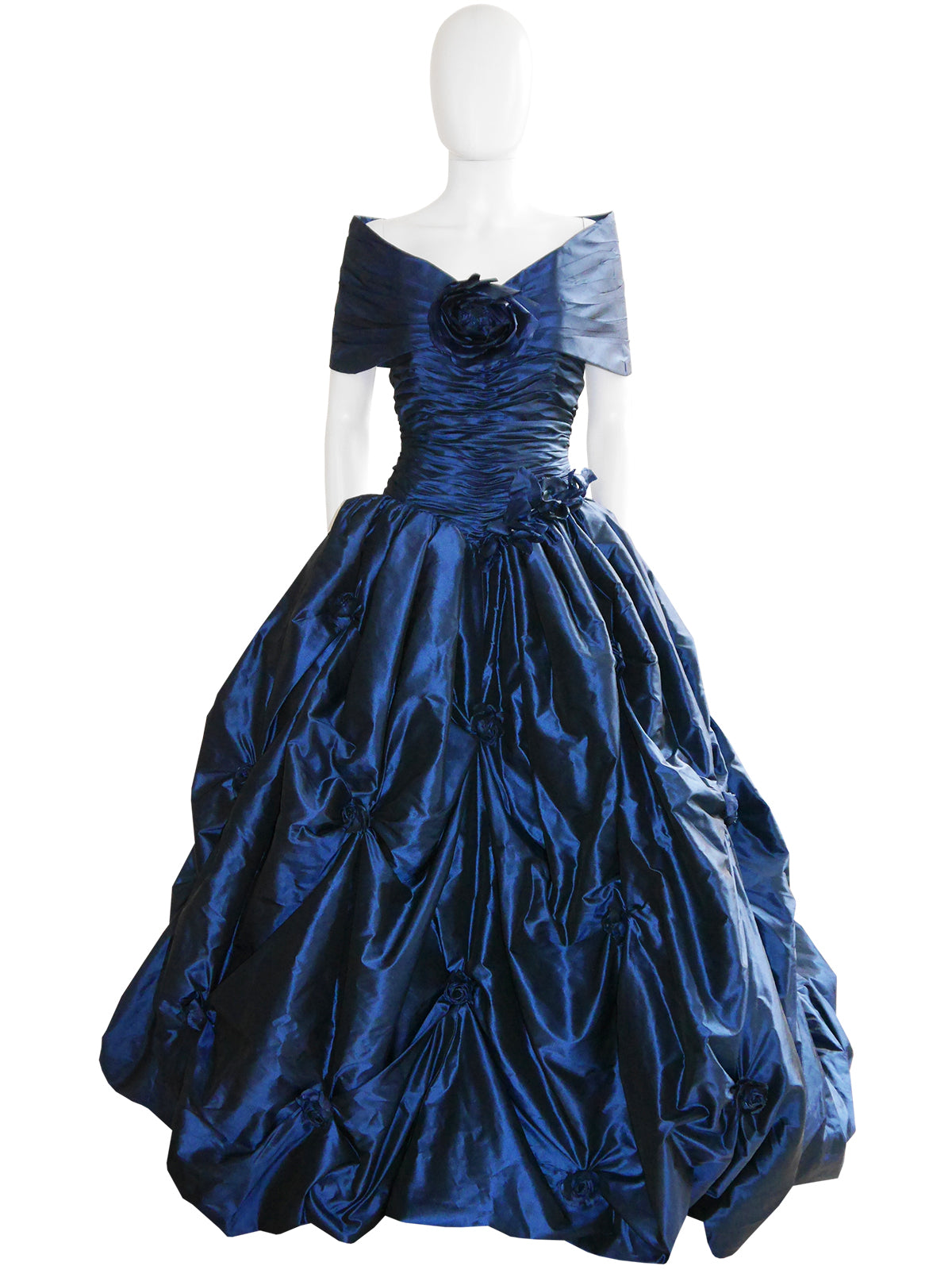 LORIS AZZARO c. 1990s Blue Silk Taffeta Ball Gown w/ Train & Stole