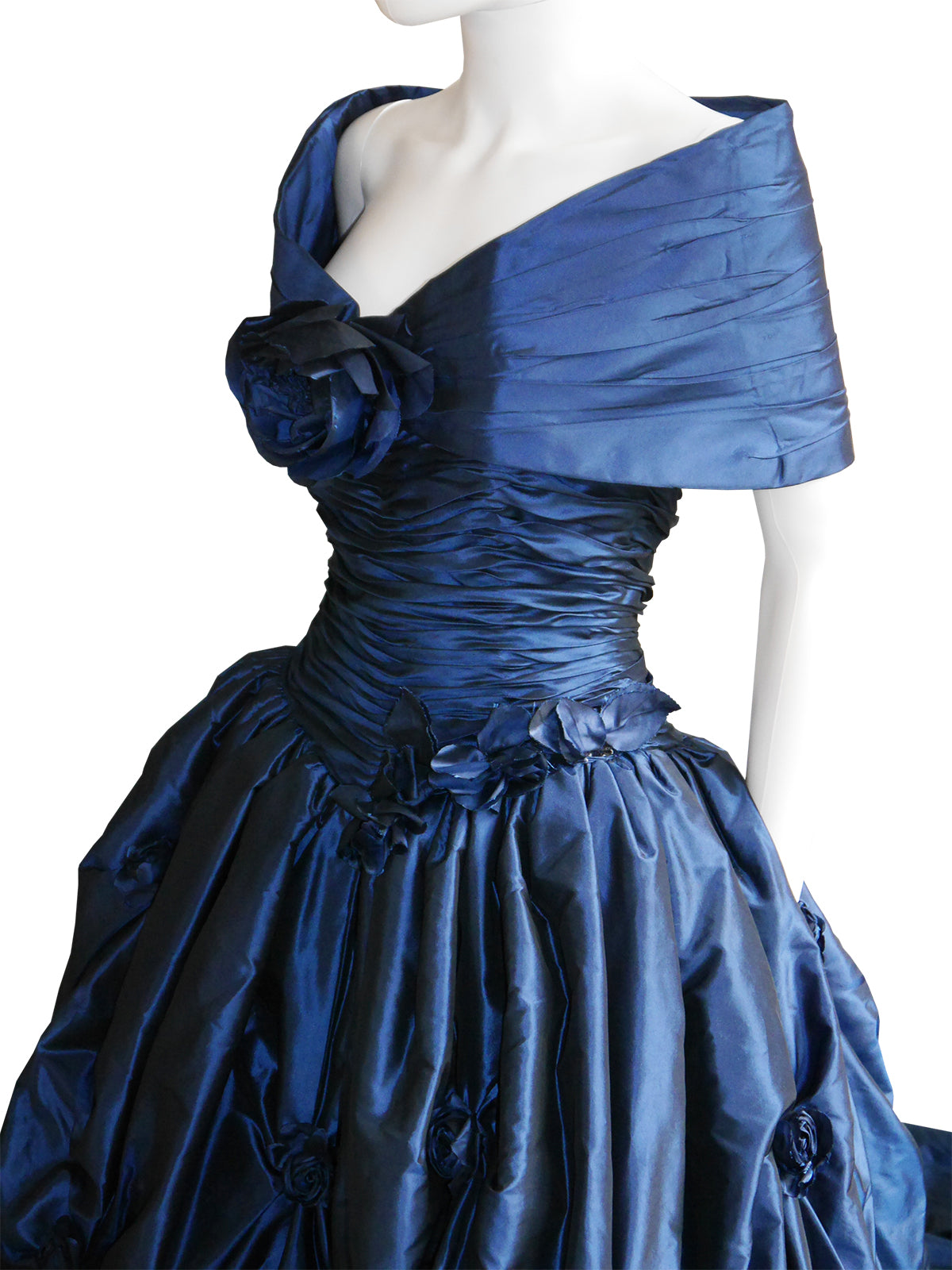 LORIS AZZARO c. 1990s Blue Silk Taffeta Ball Gown w/ Train & Stole