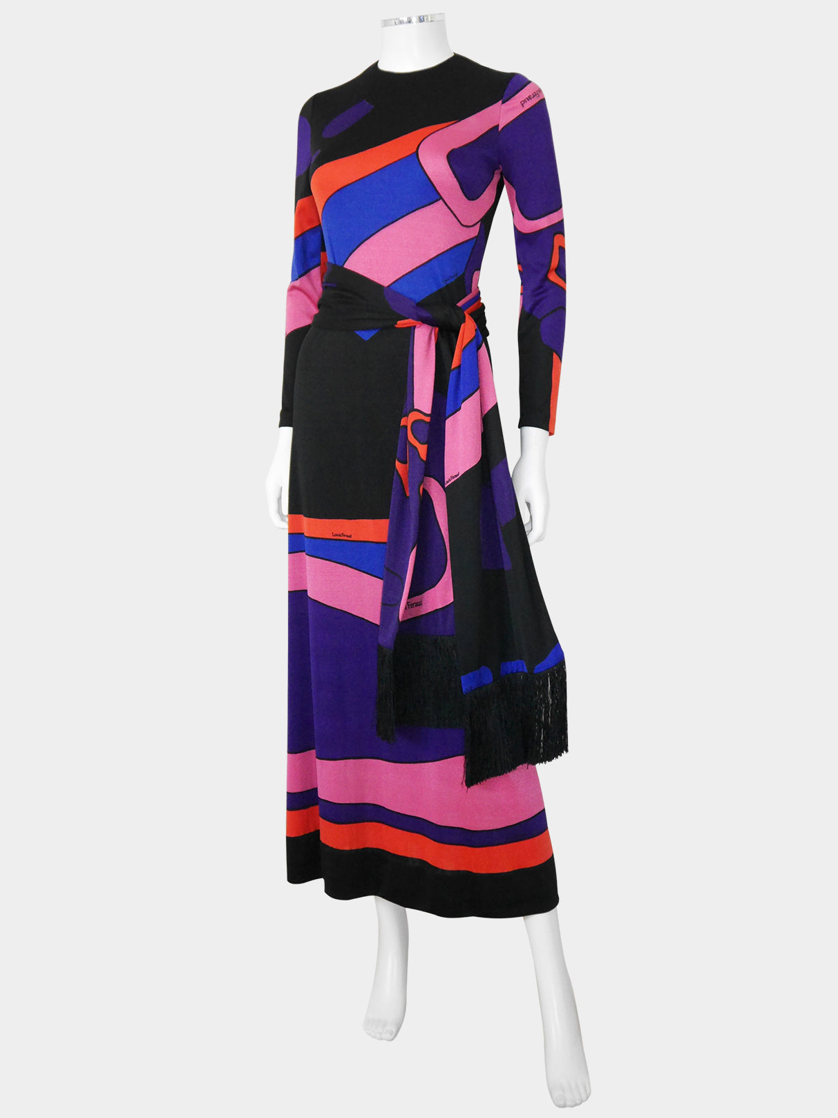 LOUIS FÉRAUD 1960s 1970s Vintage Psychedelic Graphic Print Maxi Dress & Scarf Size XS