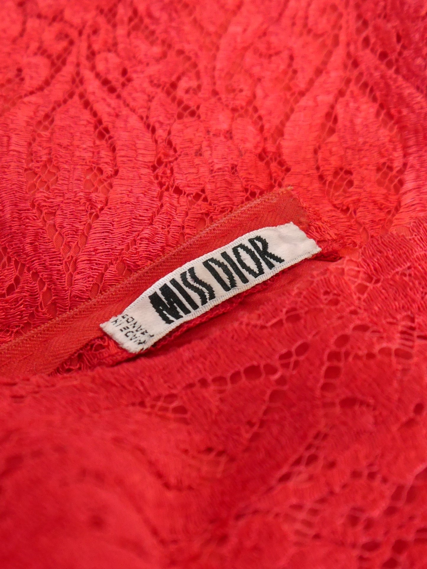 MISS DIOR by Christian Dior c. 1970 Vintage Red Lace Maxi Evening Gown Size S