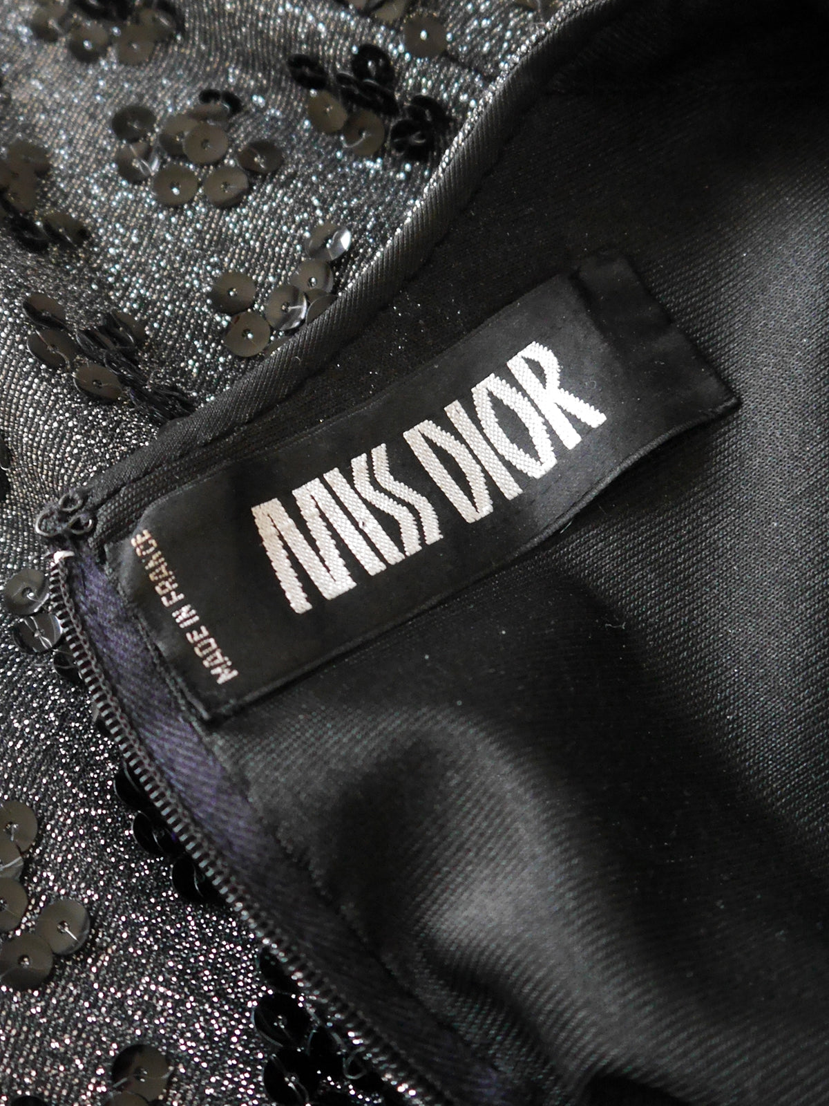 MISS DIOR by CHRISTIAN DIOR c. 1970 Vintage Silver Black Sequin Evening Dress
