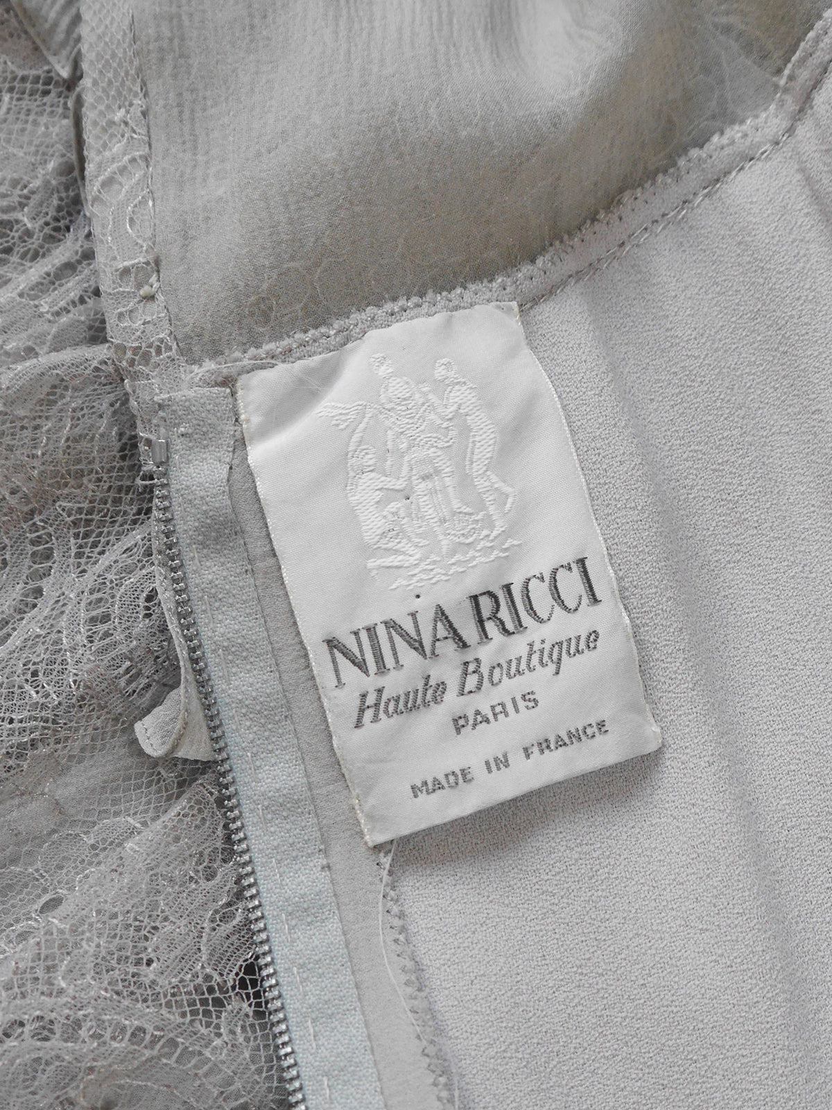 NINA RICCI 1970s Vintage Powder Grey Lace & Silk Chiffon Maxi Evening Gown