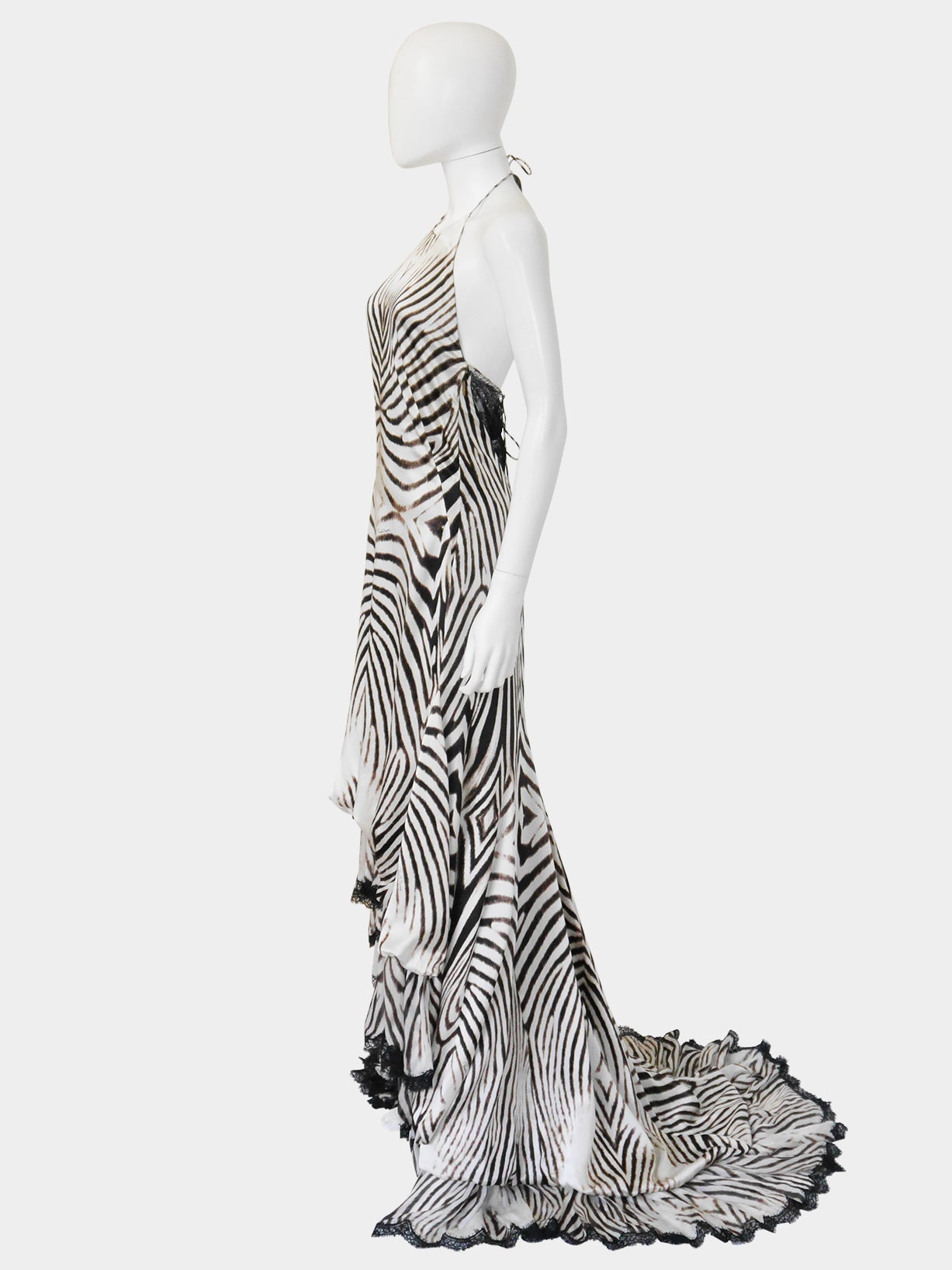 ROBERTO CAVALLI 2000s Vintage Backless Animal Print Silk Lace Evening Gown