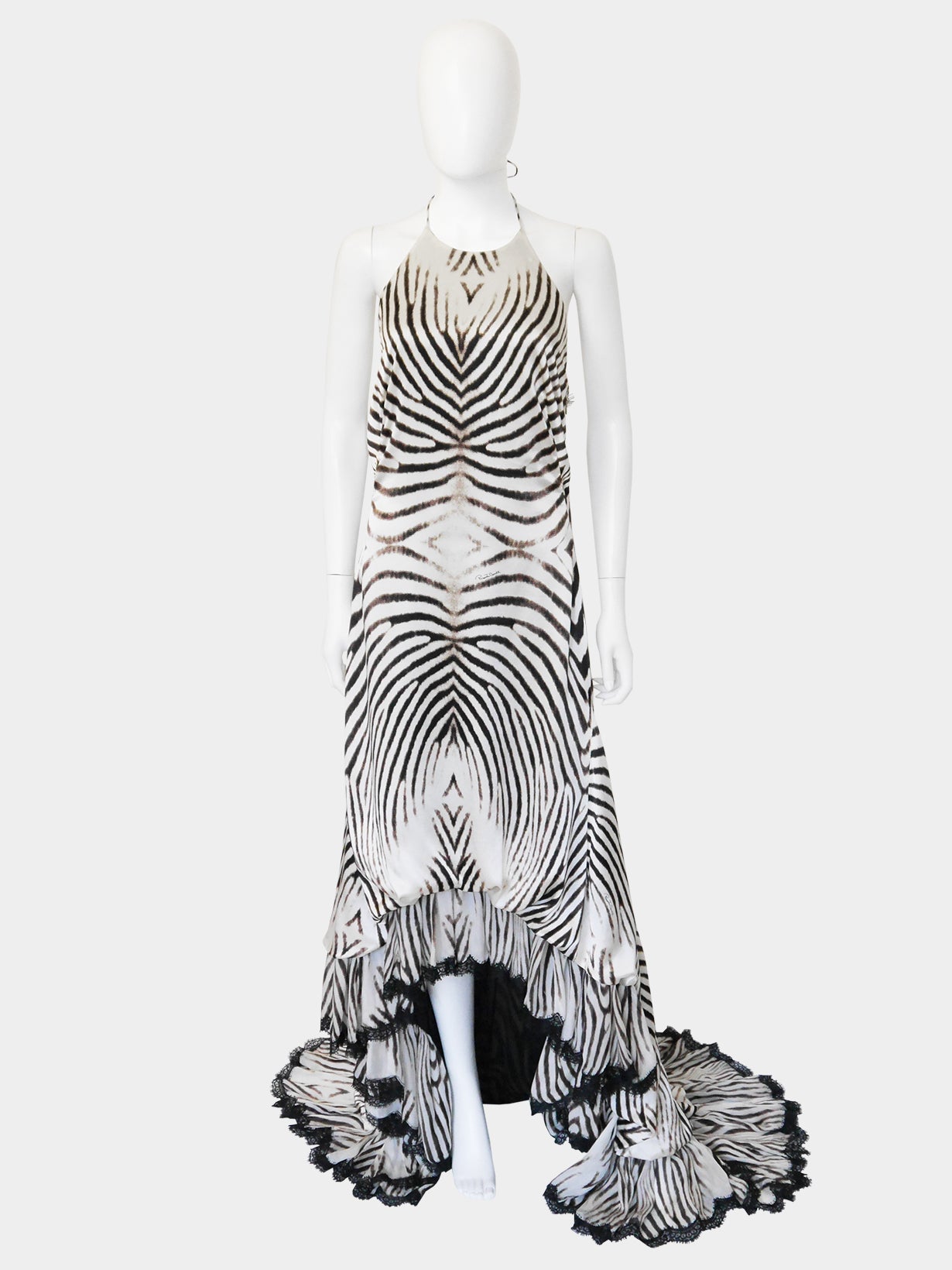 ROBERTO CAVALLI 2000s Vintage Backless Animal Print Silk Lace Evening Gown