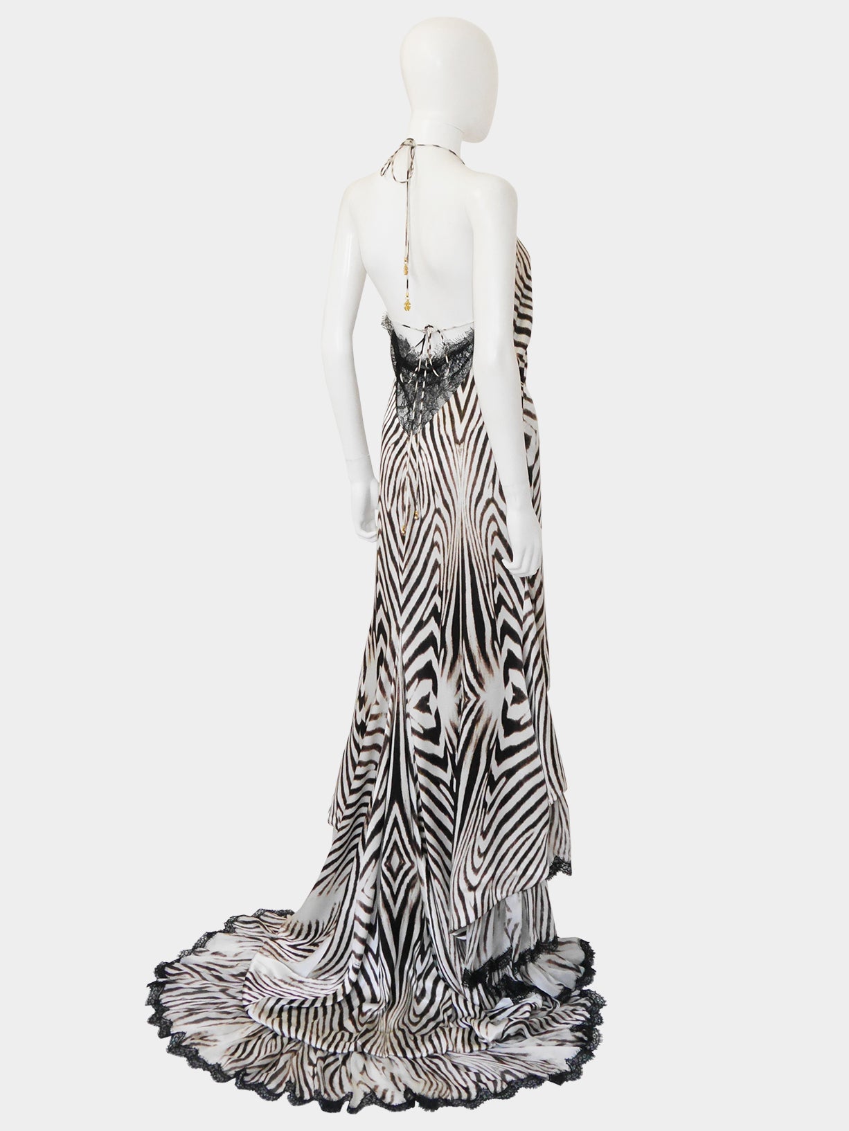 ROBERTO CAVALLI 2000s Vintage Backless Animal Print Silk Lace Evening Gown