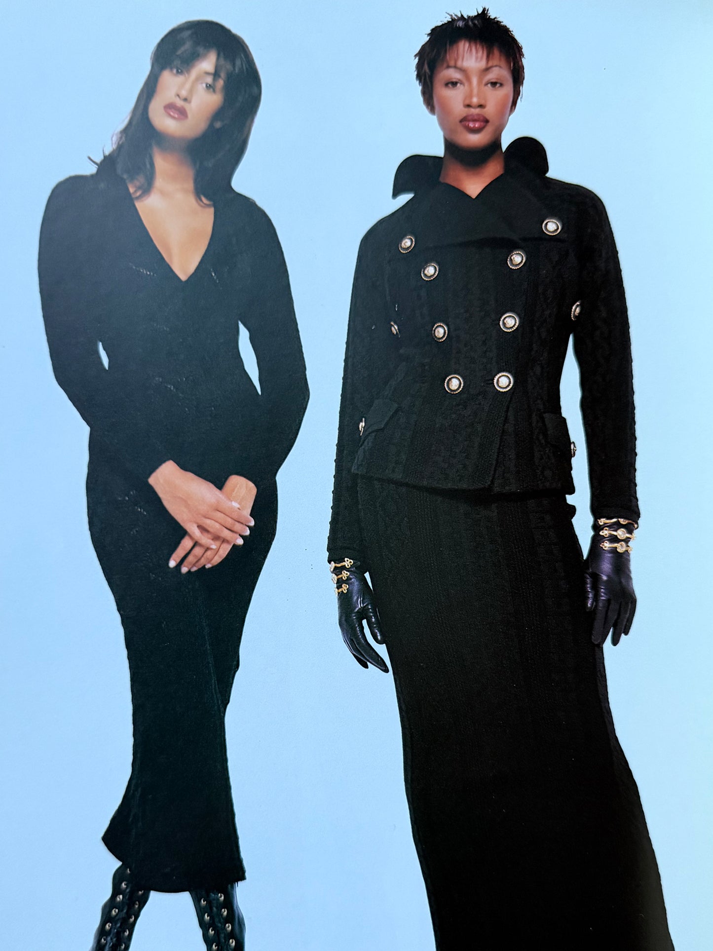 GIANNI VERSACE Fall 1993 Vintage Black Leather Gloves w/ Chain & Medusa Head Embellishments Size L