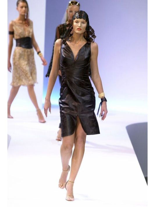 THIERRY MUGLER Couture Spring 2001 Metallic Brown Tortoiseshell Embossed Leather Dress Size S