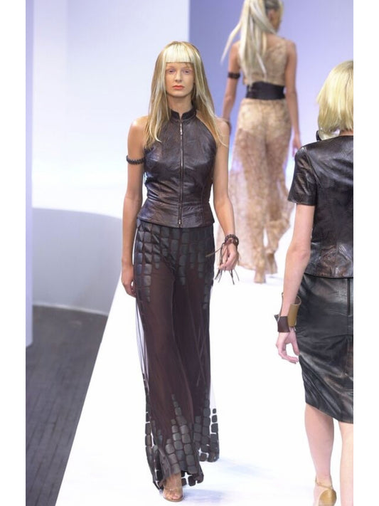 THIERRY MUGLER Couture Spring 2001 Metallic Brown Tortoiseshell Embossed Leather Top Size S