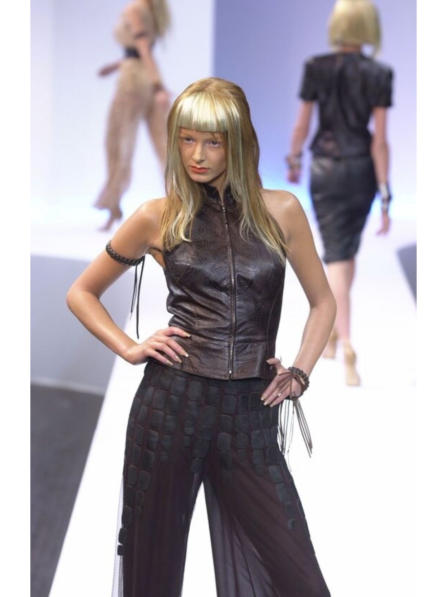 THIERRY MUGLER Couture Spring 2001 Metallic Brown Tortoiseshell Embossed Leather Top Size S