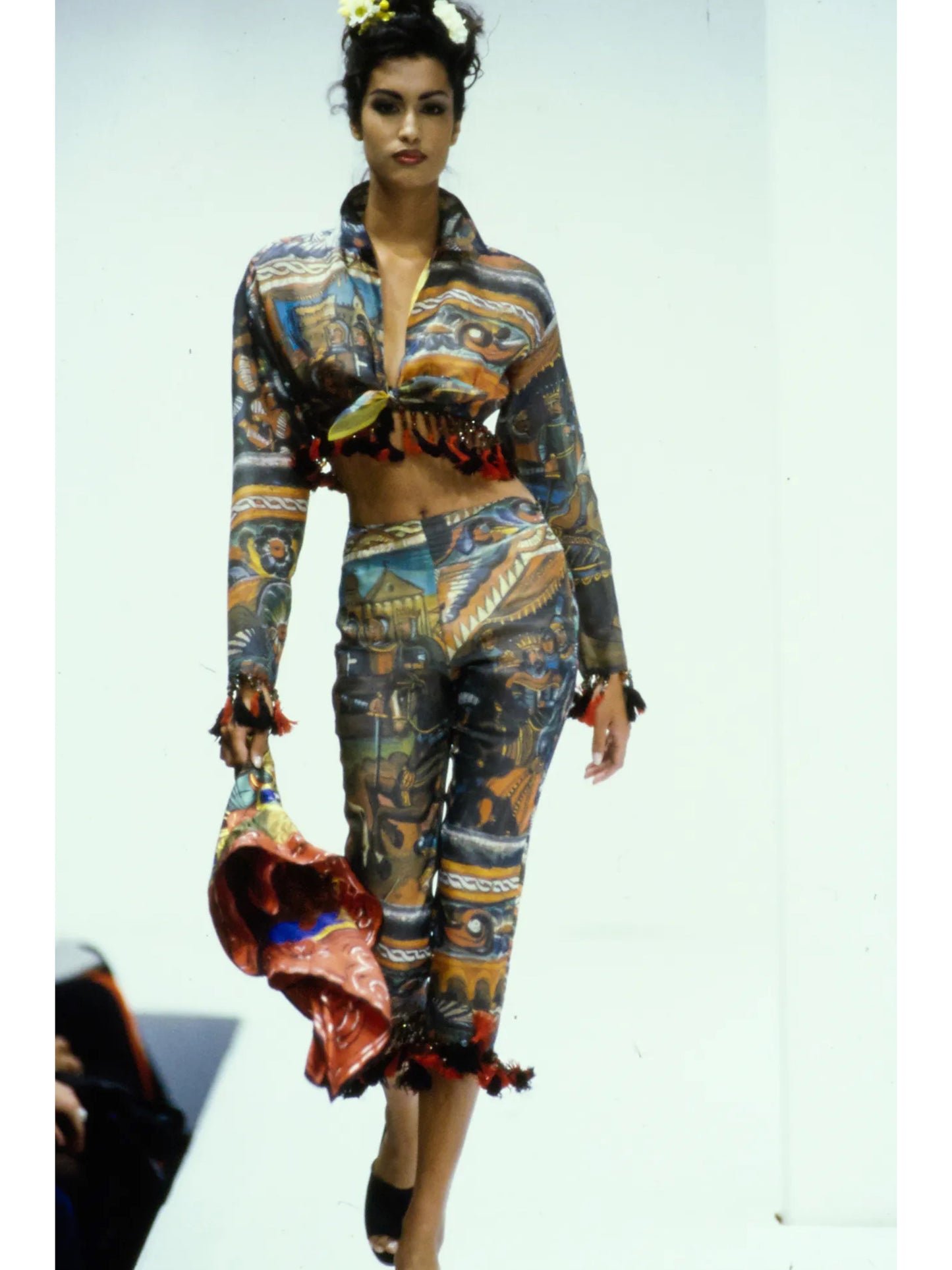 DOLCE & GABBANA Spring 1992 Vintage Cropped Silk Blouse w/ Beaded Tassels Size M