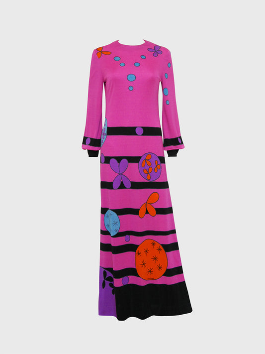 LOUIS FÉRAUD 1960s 1970s Vintage Magenta Pink Psychedelic Print Maxi Evening Dress Size S