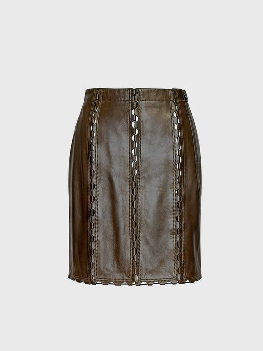 AZZEDINE ALAÏA 1980s Vintage Brown Leather Skirt w/ Cut-Out Details Size XS
