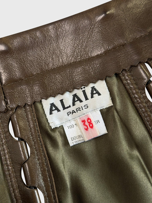 AZZEDINE ALAÏA 1980s Vintage Brown Leather Skirt w/ Cut-Out Details Size XS