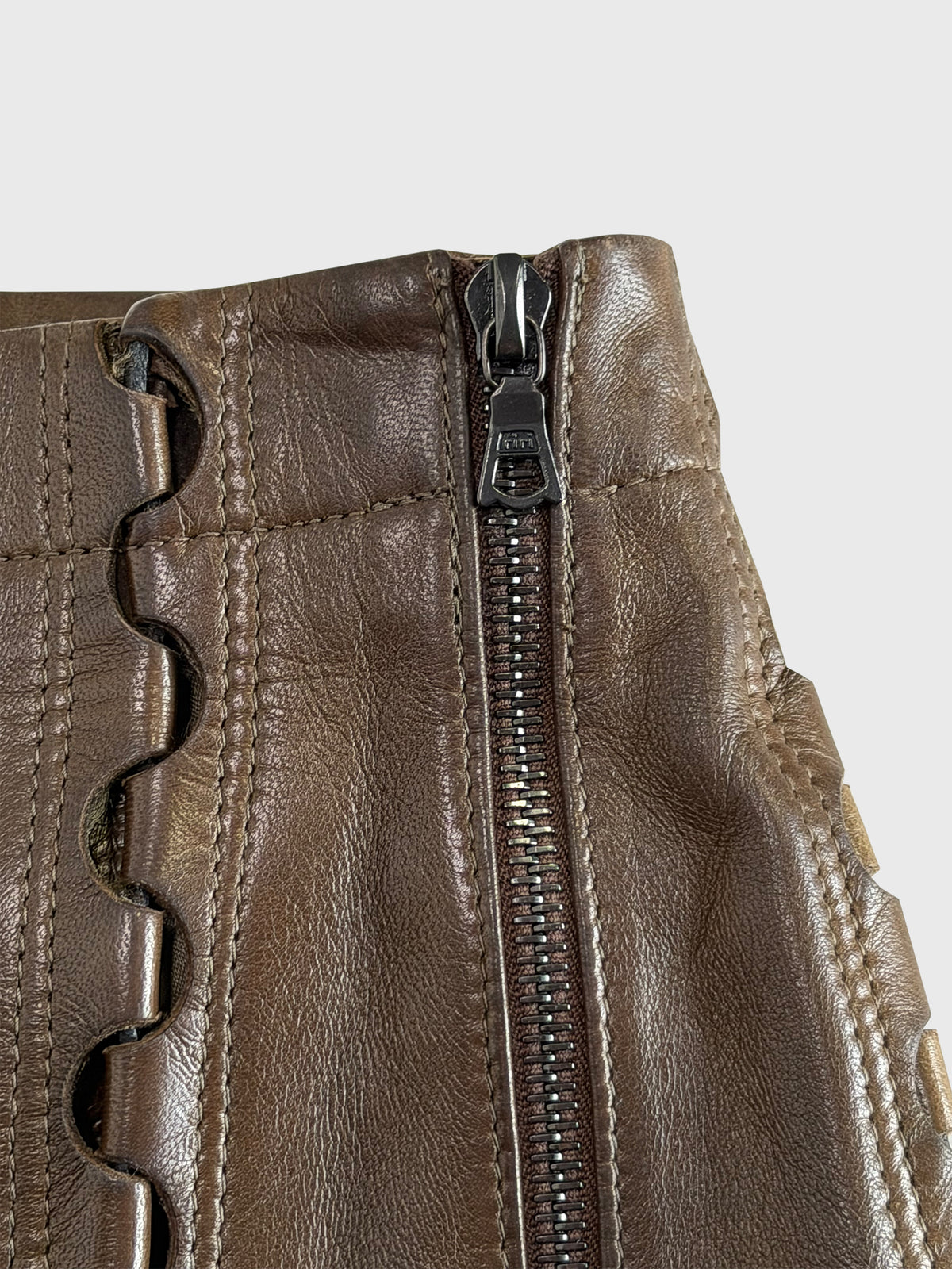 AZZEDINE ALAÏA 1980s Vintage Brown Leather Skirt w/ Cut-Out Details Size XS