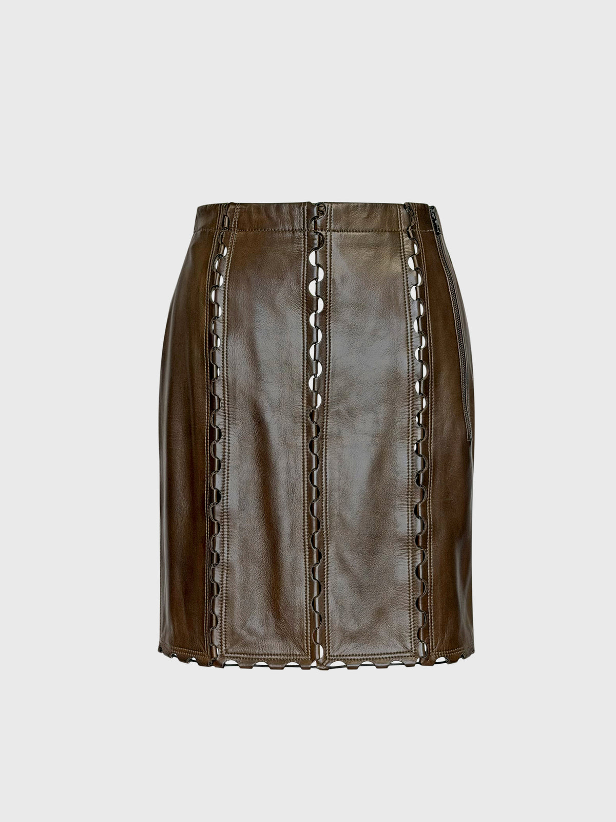 AZZEDINE ALAÏA 1980s Vintage Brown Leather Skirt w/ Cut-Out Details Size XS