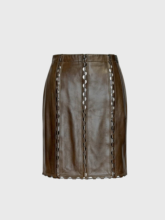 AZZEDINE ALAÏA 1980s Vintage Brown Leather Skirt w/ Cut-Out Details Size XS