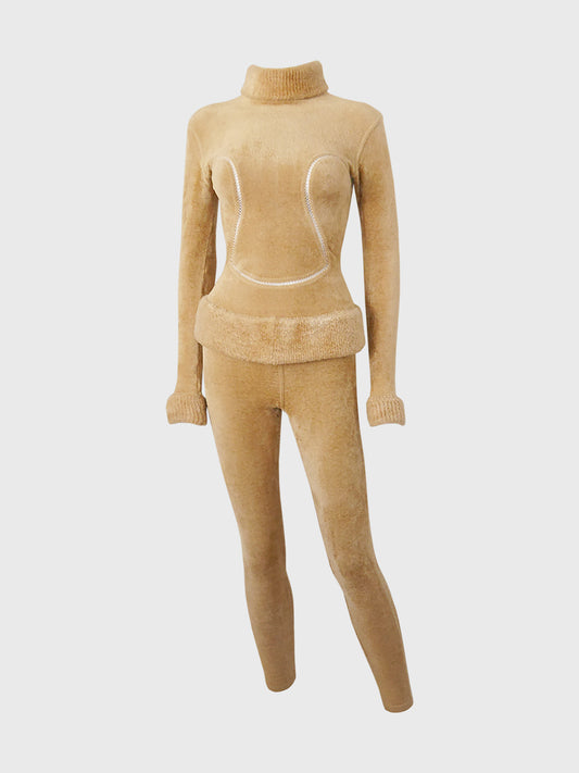 AZZEDINE ALAÏA Fall 1991 Vintage Camel Bodycon Top & Leggings Ensemble