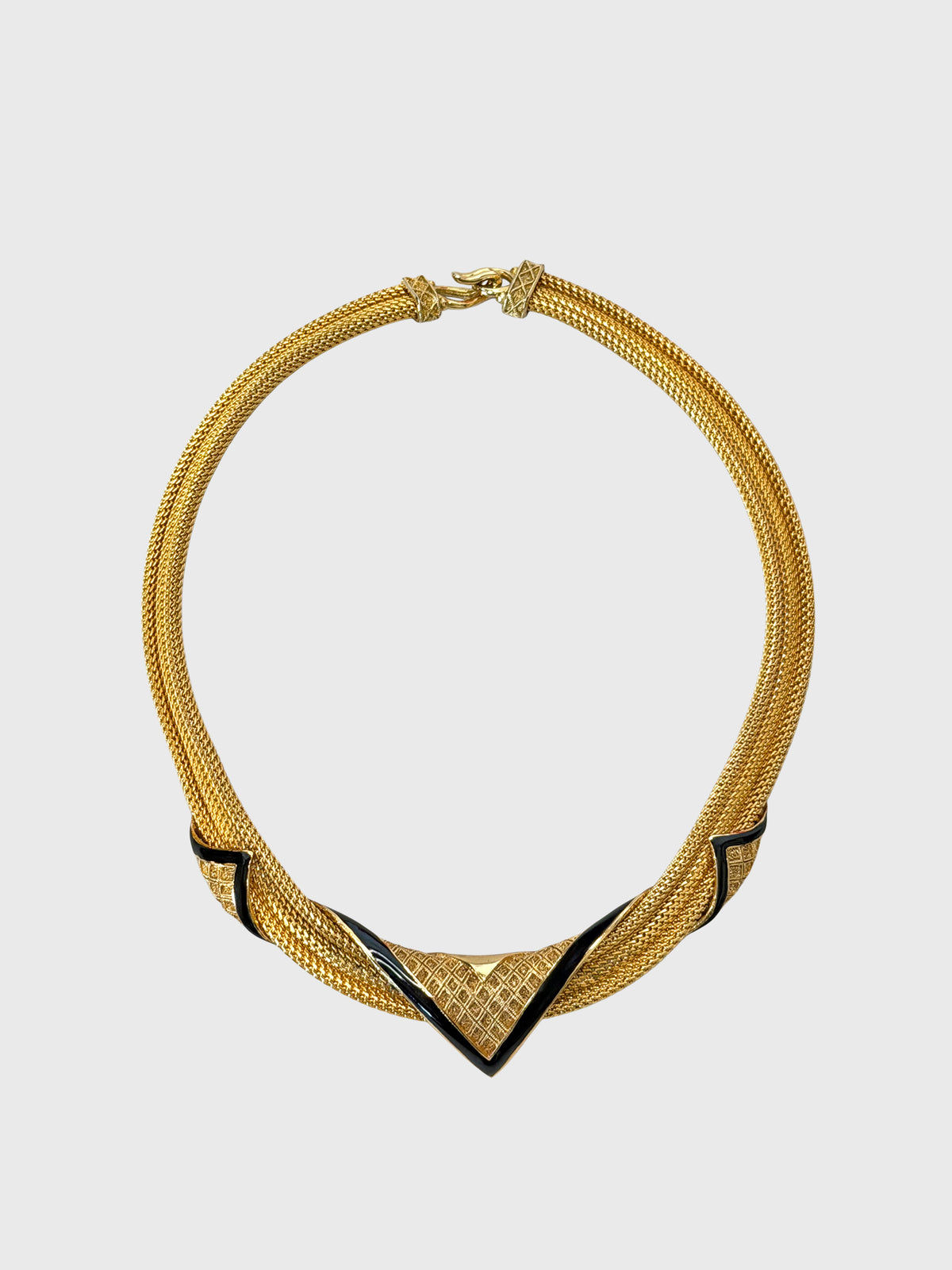 BALENCIAGA 1980s Vintage Geometric Statement Necklace Gold Mesh & Black Enamel