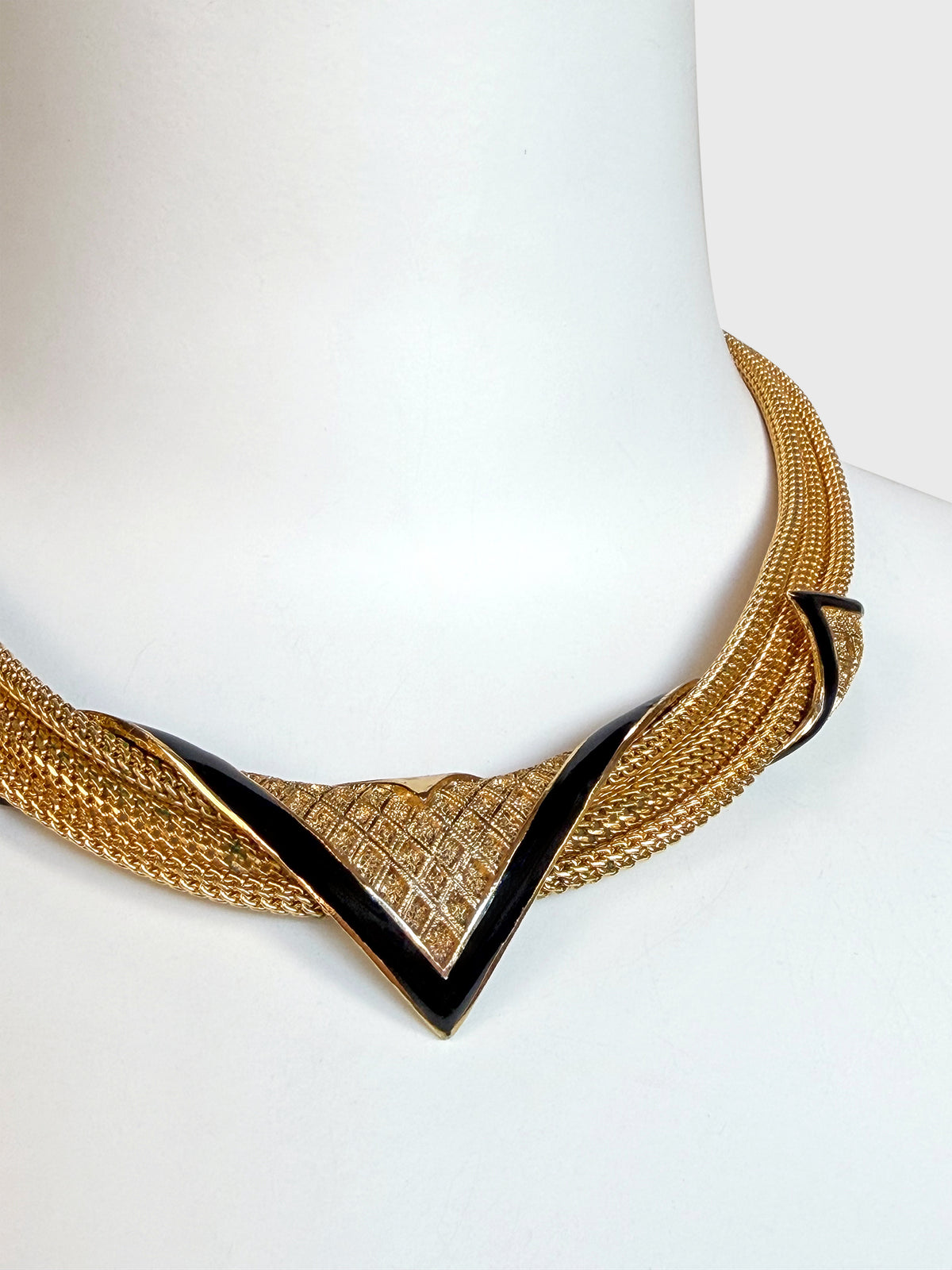 BALENCIAGA 1980s Vintage Geometric Statement Necklace Gold Mesh & Black Enamel