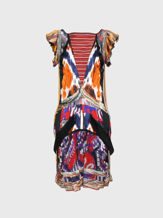 BALENCIAGA by Nicolas Ghesquière Fall 2007 Vintage Ikat Print Silk Dress Size S