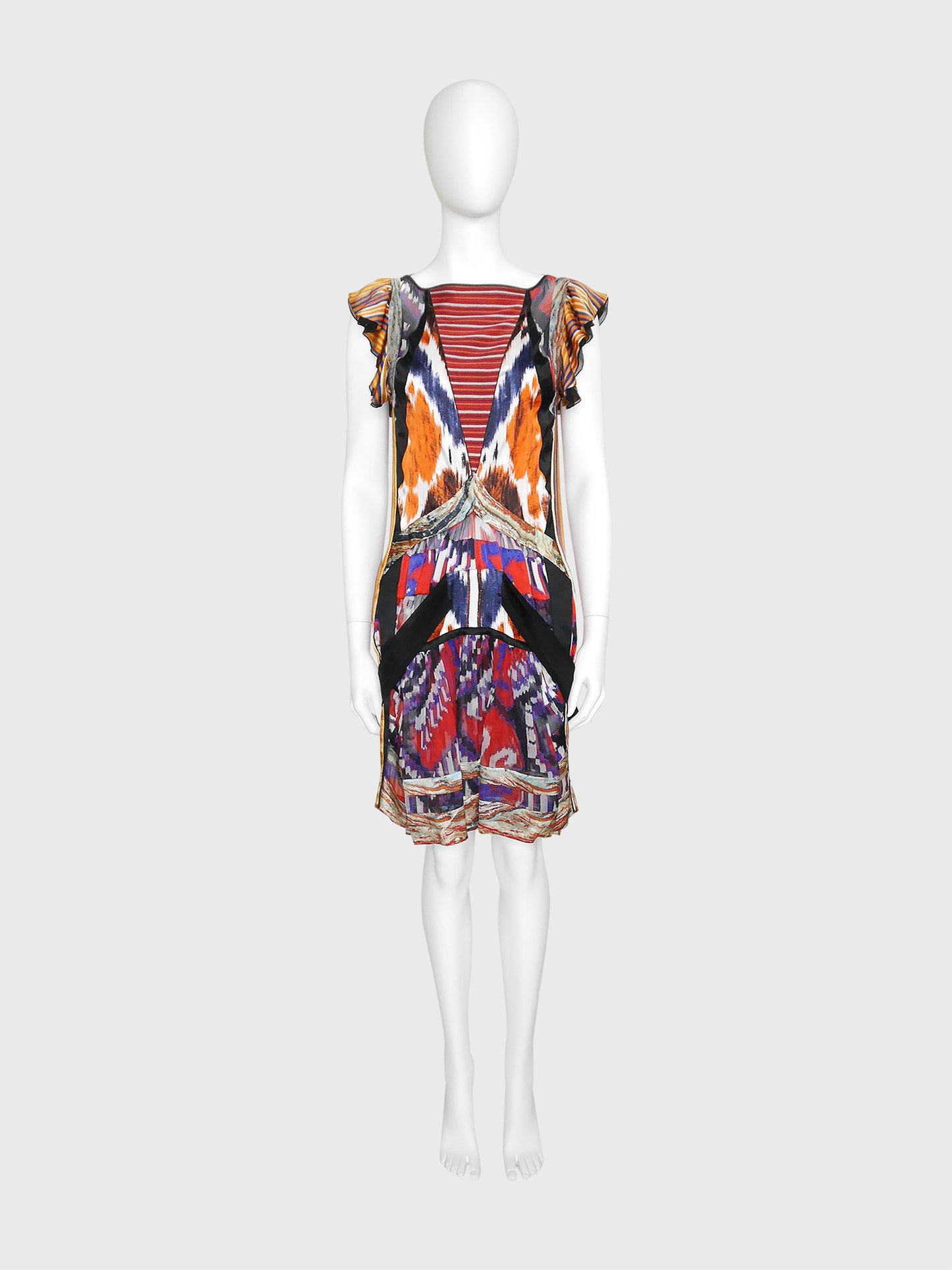 BALENCIAGA by Nicolas Ghesquière Fall 2007 Vintage Ikat Print Silk Dress Size S