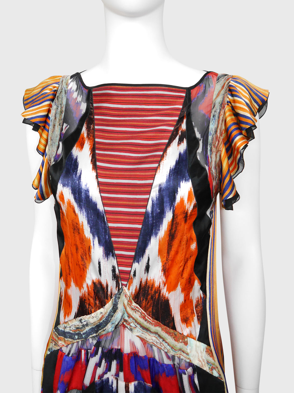 BALENCIAGA by Nicolas Ghesquière Fall 2007 Vintage Ikat Print Silk Dress Size S