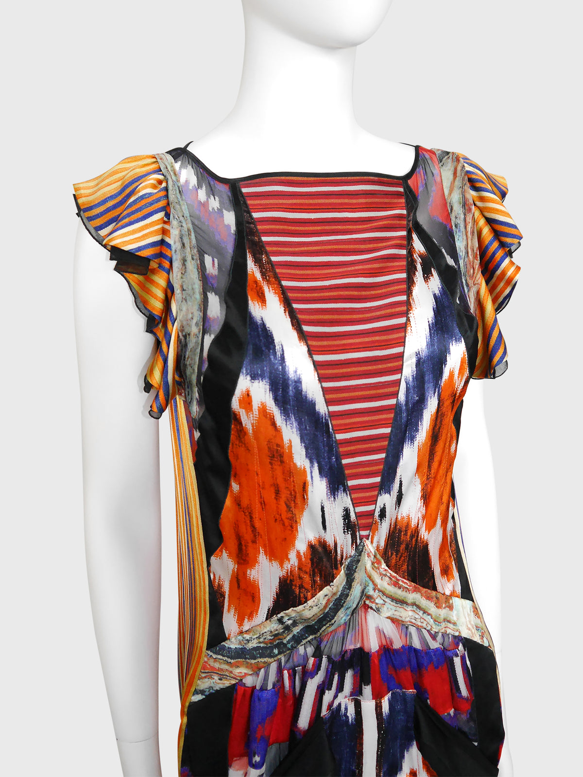 BALENCIAGA by Nicolas Ghesquière Fall 2007 Vintage Ikat Print Silk Dress Size S