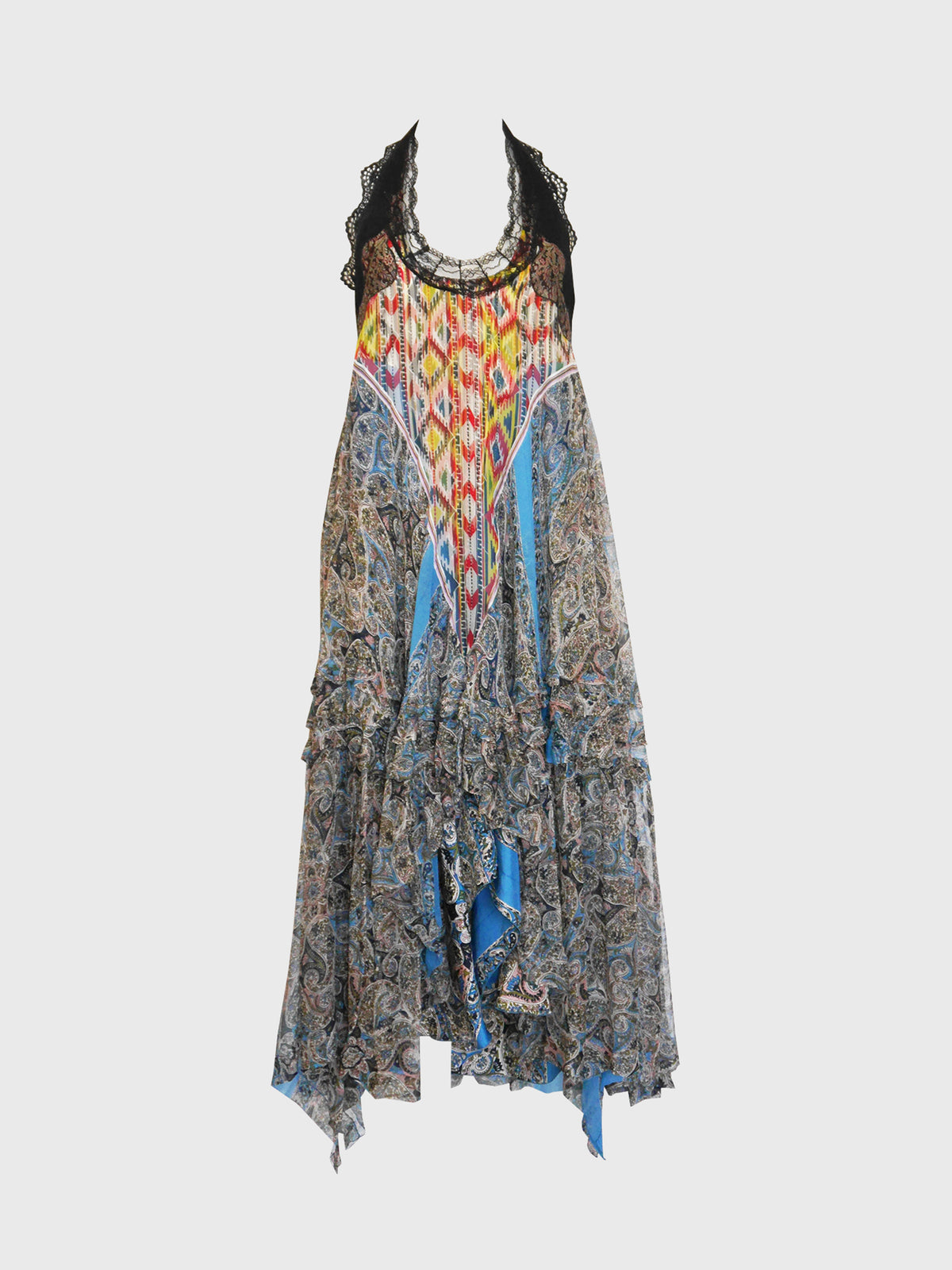 BALENCIAGA by Nicolas Ghesquière 2005 Ikat Paisley Silk & Lace Peasant Maxi Dress