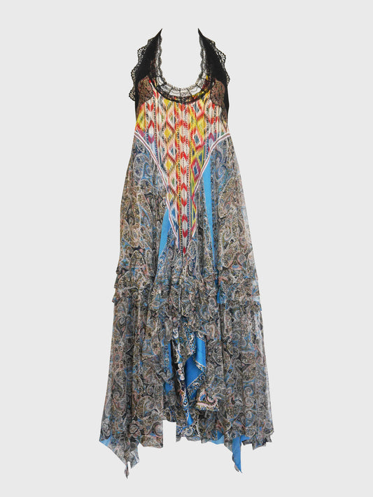 BALENCIAGA by Nicolas Ghesquière 2005 Ikat Paisley Silk & Lace Peasant Maxi Dress