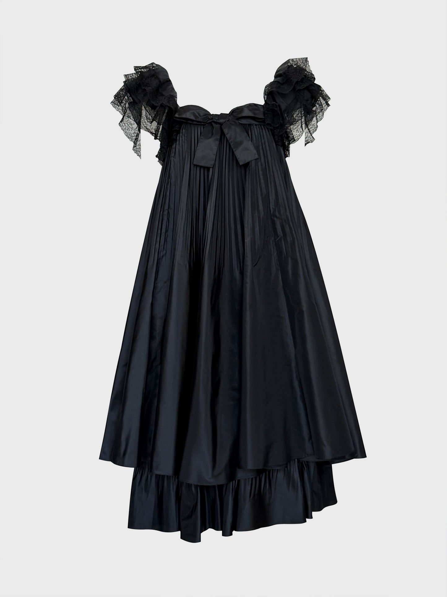 BERNARD PERRIS 1970s 1980s Vintage Black Silk Taffeta & Lace Babydoll Evening Dress Size XXS