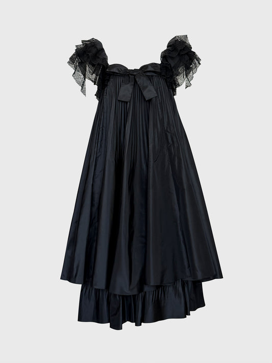 BERNARD PERRIS 1970s 1980s Vintage Black Silk Taffeta & Lace Babydoll Evening Dress Size XXS