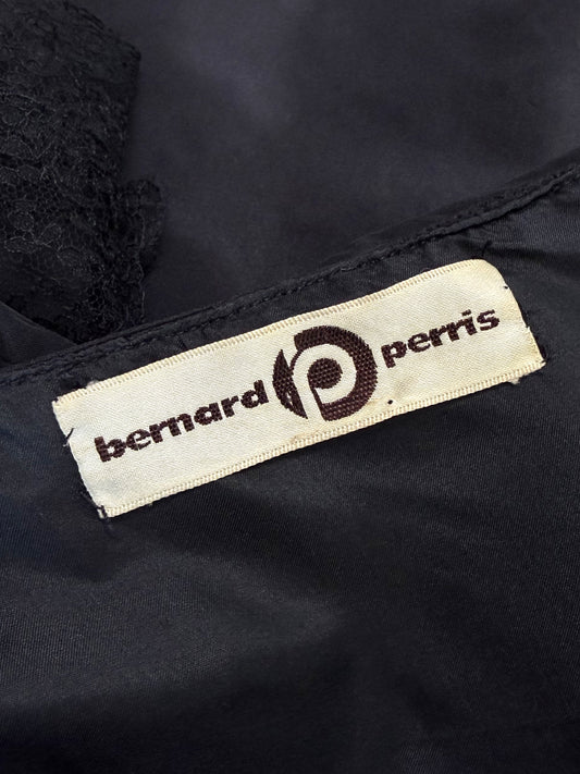 BERNARD PERRIS 1970s 1980s Vintage Black Silk Taffeta & Lace Babydoll Evening Dress Size XXS