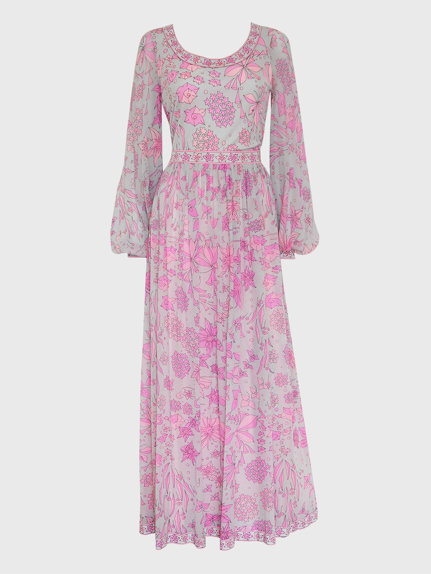 BESSI 1970s Silk Jersey & Chiffon Maxi Evening Gown