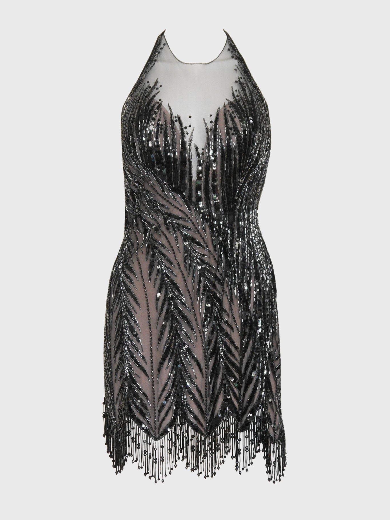 BOB MACKIE Vintage Fringed Beaded Flapper Style Evening Dress w/ Open Back
