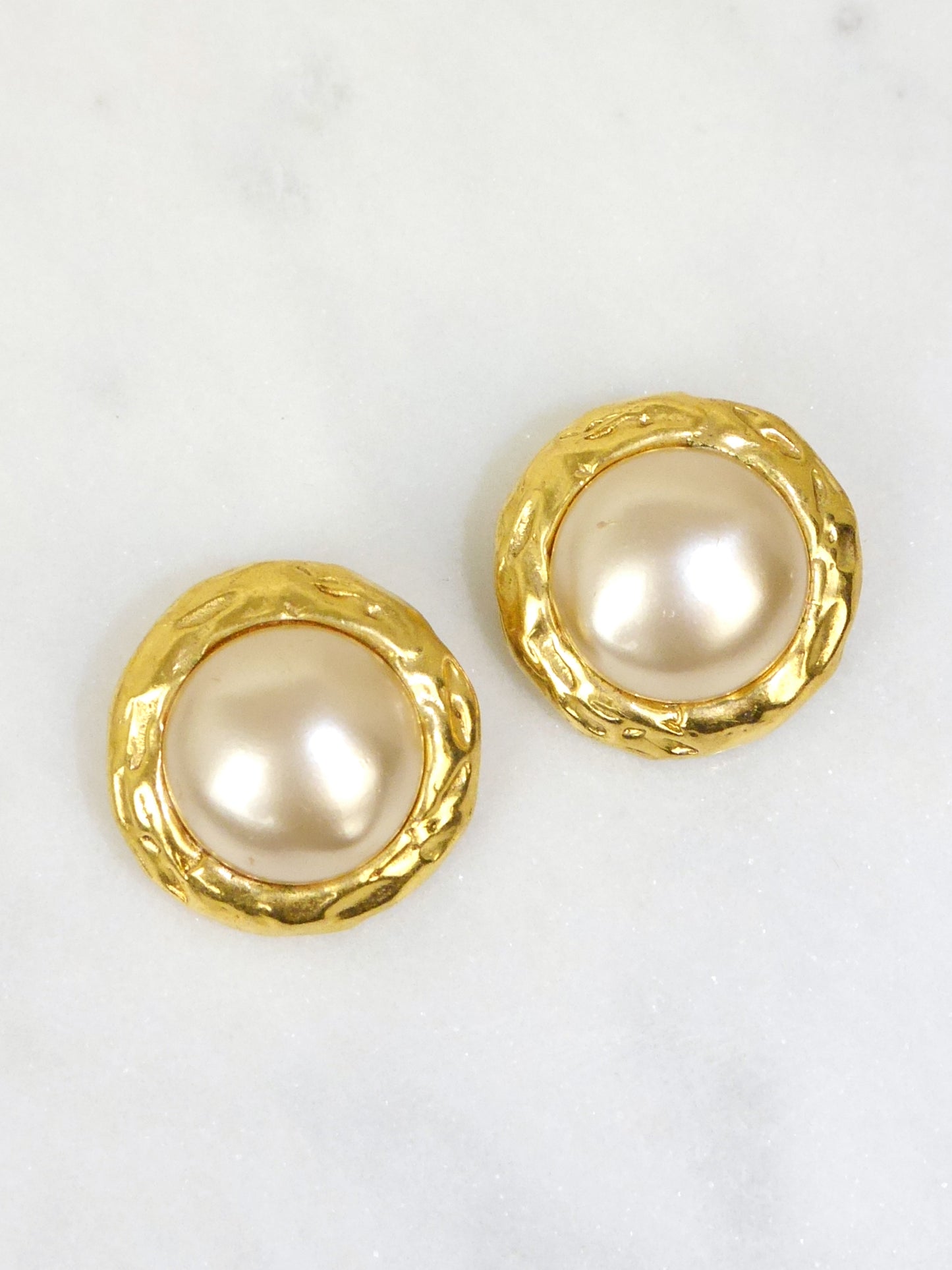 CHANEL 1980s Vintage Clip-On Earrings Gold Tone Metal & Faux Pearl