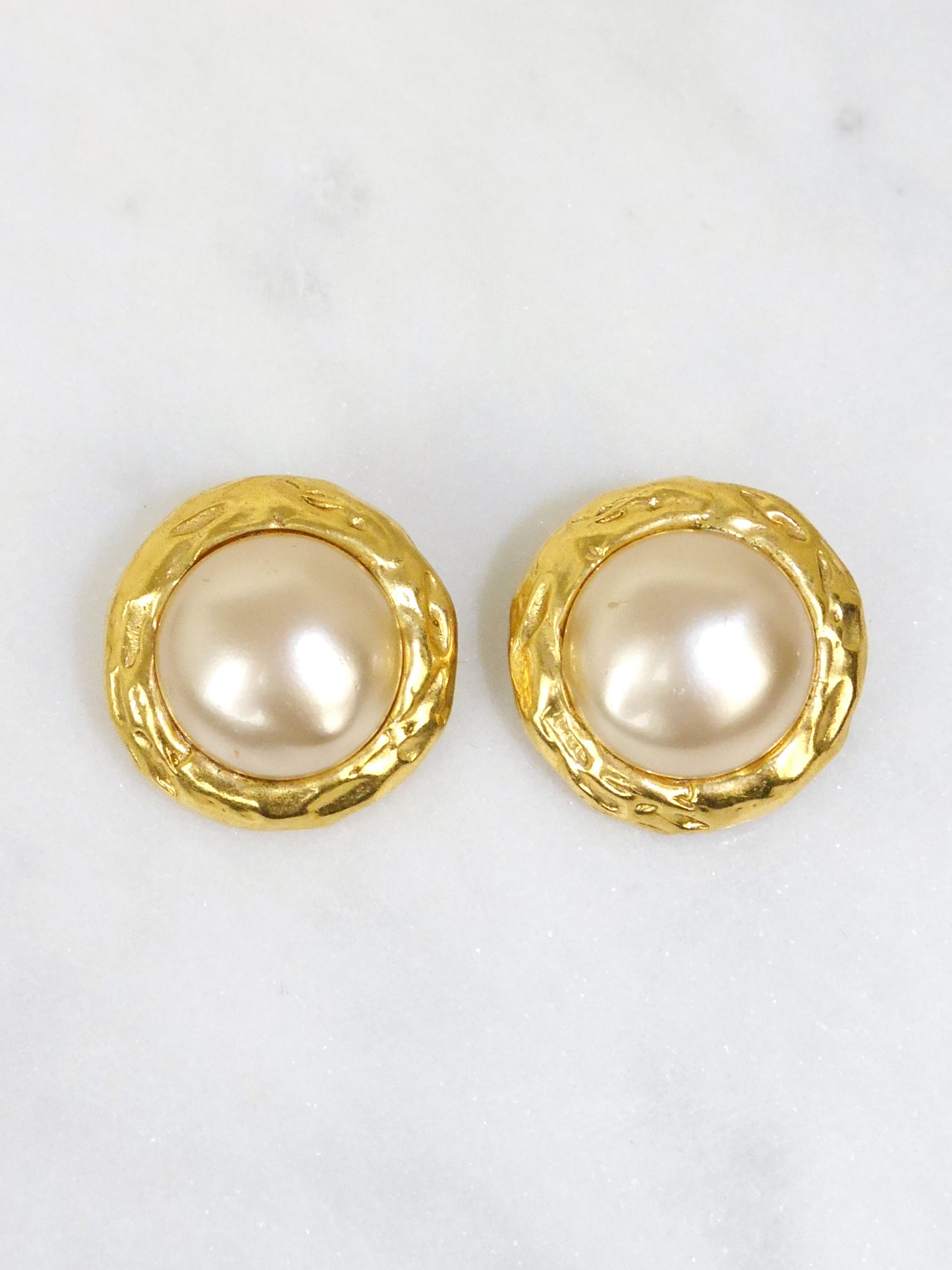 CHANEL 1980s Vintage Clip-On Earrings Gold Tone Metal & Faux Pearl