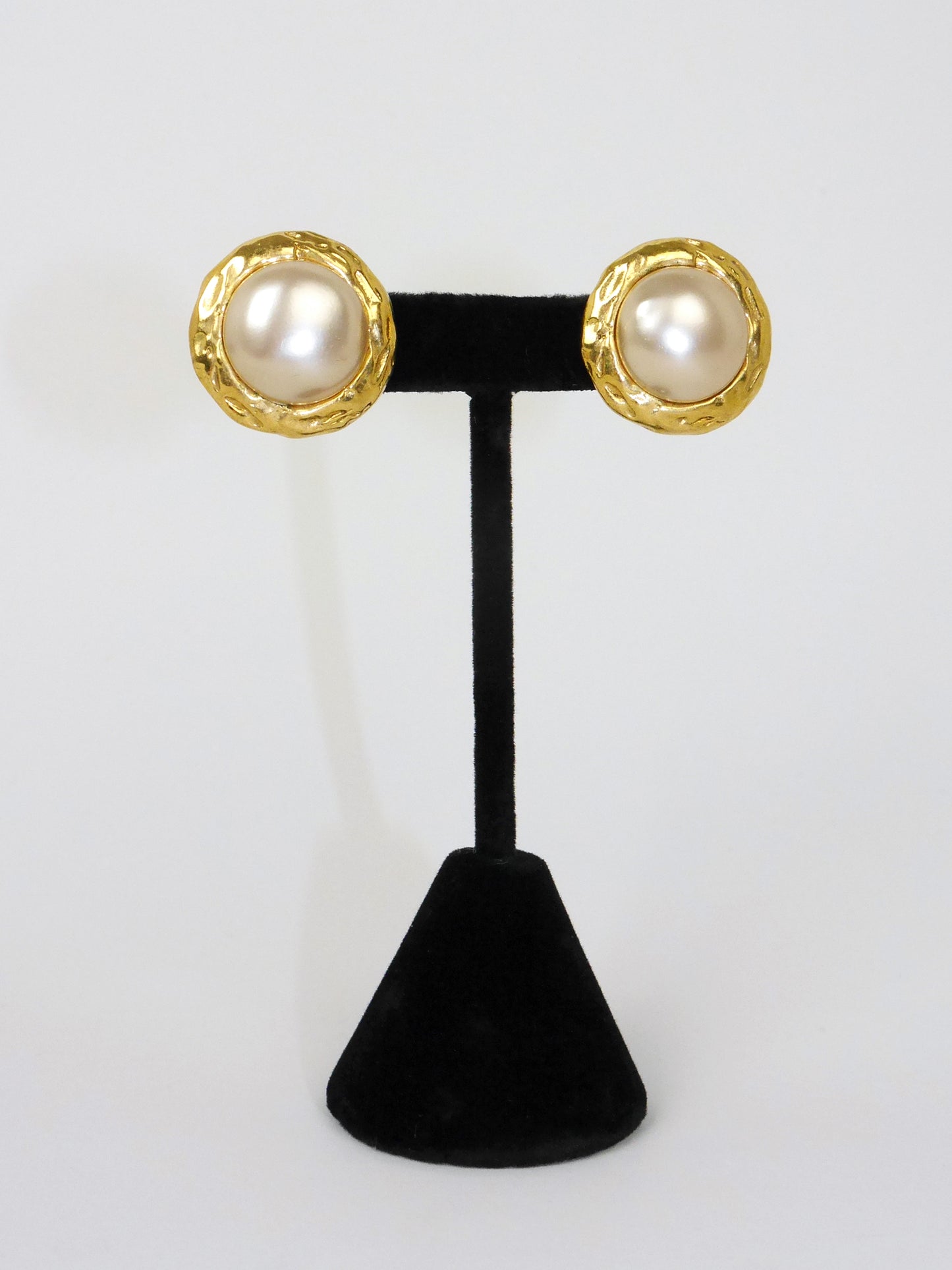 CHANEL 1980s Vintage Clip-On Earrings Gold Tone Metal & Faux Pearl
