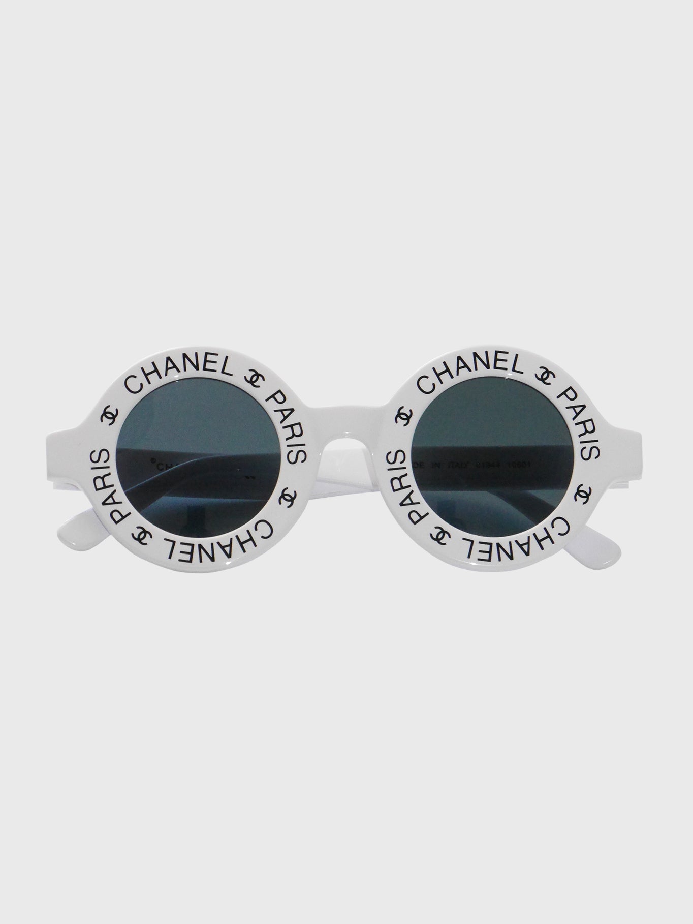 Chanel Vintage black round frame mod sunglasses with white CHANEL PARIS logo