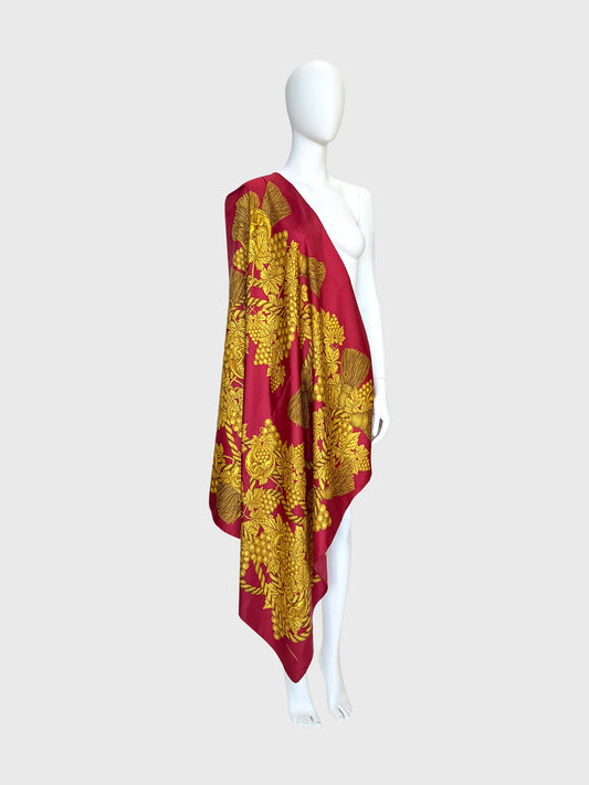 CHANEL Vintage Silk Scarf Grapes & Tassel Motif w/ CC Logos 95x97 cm