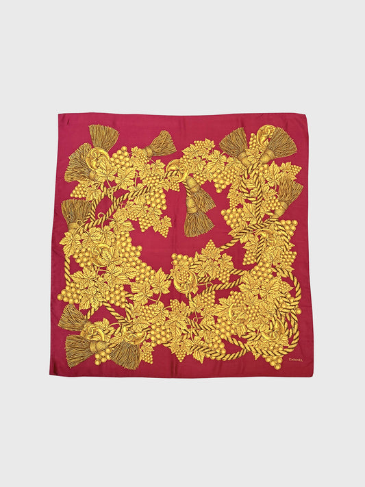 CHANEL Vintage Silk Scarf Grapes & Tassel Motif w/ CC Logos 95x97 cm