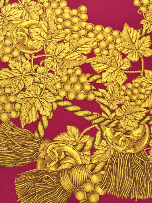 CHANEL Vintage Silk Scarf Grapes & Tassel Motif w/ CC Logos 95x97 cm