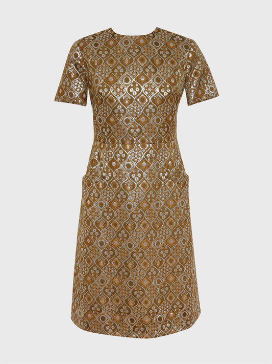 CHRISTIAN DIOR 1960s Vintage Gold & Silver Brocade Cocktail Dress