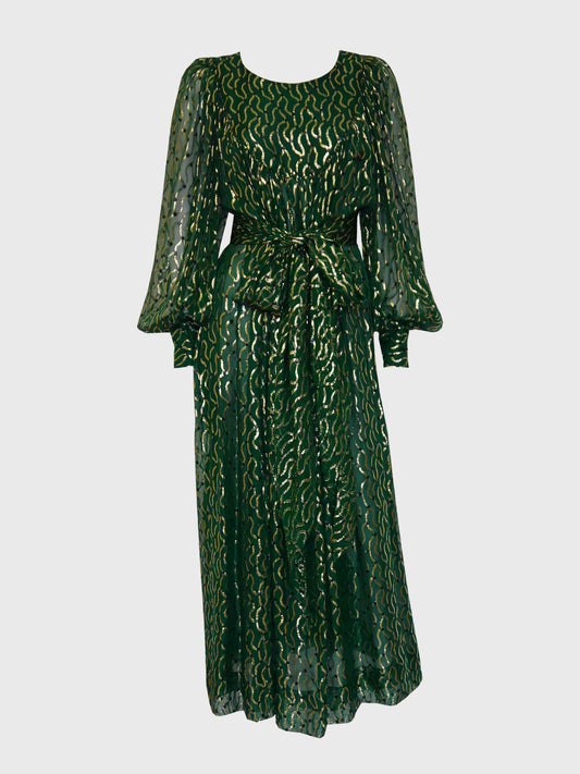 CHRISTIAN DIOR 1970s Vintage Green & Gold Silk Lamé Evening Dress