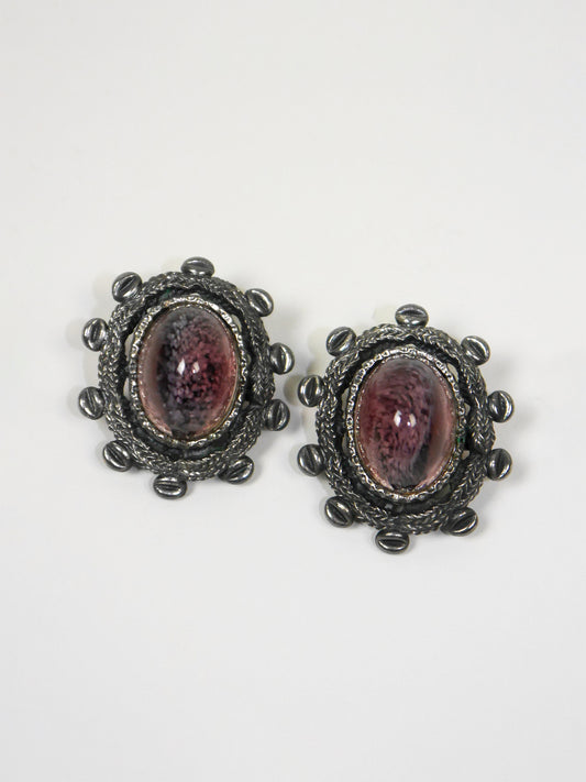CHRISTIAN DIOR Germany 1970 Vintage Silver & Amethyst Colored Clip-On Earrings